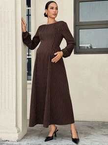 MaterniWear Maternity Fashion Commuter Striped Dress Fall - Coffee - View 5