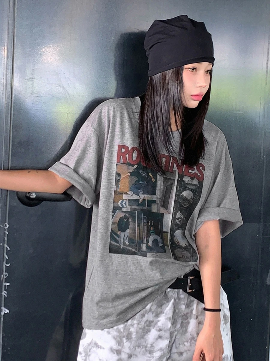 DAZY Summer Casual Character Print Short Sleeve T-Shirt Oversized Tshirts For Women - Grey - View 1