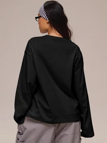 MUSERA 白色圖案 Logo 細節長袖上衣 冬季休閒日常舒適穿搭 酷白色女款上衣 - 黑色 - 查看 4
