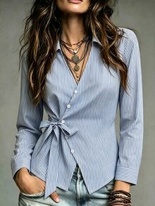 SHEIN Fashionable Elegant Lapel Ribbon Waist-Cinching Button Decor Daily Wear Date Casual Blouse Women's Outing Top - Blue - View 1
