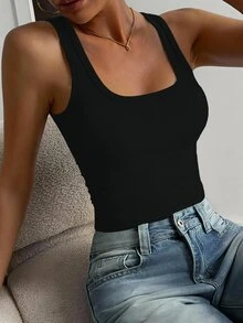 DAZY Women's Solid Color Square Neck Ribbed Slim Fit Casual Versatile Tank Top Fall - Black - View 4