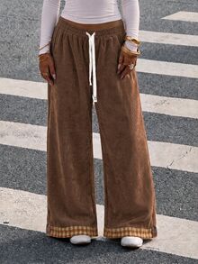 SHEIN EZwear Women's Loose Casual Daily Commute Long Pants, Autumn/Winter Brown Corduroy Plaid Colorblock Patchwork With Folded Hem, Elastic Waist With Drawstring - Brown - View 1