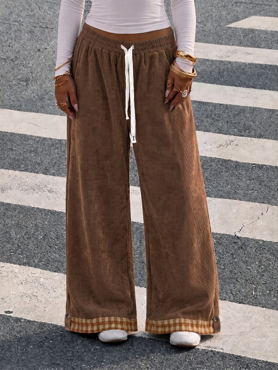 SHEIN EZwear Women's Loose Casual Daily Commute Long Pants, Autumn/Winter Brown Corduroy Plaid Colorblock Patchwork With Folded Hem, Elastic Waist With Drawstring - Brown - View 1