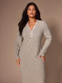 Lazeform Minimalist Solid Color Button-Front Ribbed Knit Plus Size Long Nightgown - Khaki - View 2