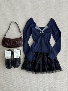 DAZY Sweater Lipit Lengan Panjang Wanita dengan Dekorasi Pita Warna Kontras, Cocok untuk Musim Gugur, Sehari-hari, Kencan, Warna Biru Tua, Romantis, Imut, Gaya Y2k - Navy Blue - View 5