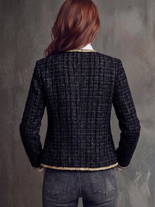 LUMIGAL Women's Autumn/Winter Long Sleeve Colorblock Patchwork Lace Trim Tweed Fashion Elegant Jacket - Black - View 2