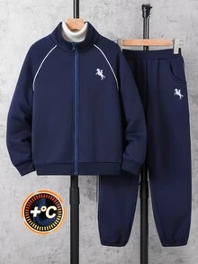 SHEIN 青少年男孩騎士圖案長袖運動衫與運動長褲休閒日常穿搭套裝 - 藏蓝色 - 查看 4