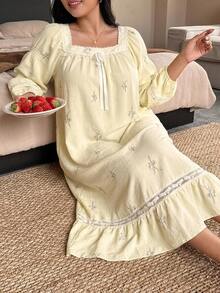 Dazy Plus Romantic Sweet Ditsy Floral Ruffle Trim Square Neck Long Nightgown, Spring/Autumn New Style - Yellow - View 2