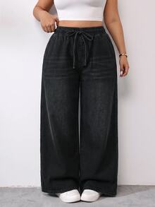 SHEIN PETITE CURVE 大尺碼休閒水洗寬腿牛仔褲 - 黑色 - 查看 6