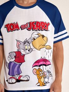 TOM & JERRY X SHEIN Men's Colorblock Patchwork Cartoon Print T-Shirt And Shorts Set - Blue and White - View 5
