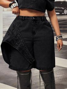 Slaydiva High Waist Loose Asymmetrical Patchwork Plus Size Denim Shorts - Dark Grey - View 5