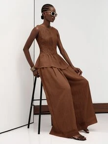 Aveloria Modichic Summer Shades Of Brown Elegant Versatile Fashion Commute Vacation Casual Old Money Slouchy Textured Linen-Like Sleeveless Pleated Round Neck Top Pants - Coffee Brown - View 5