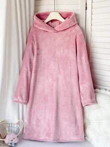 SHEIN 少女秋/冬季甜美卡通3D設計厚抓絨連帽長袖抽繩家居服浴袍睡衣 粉色女童睡衣 - 藕粉色 - 查看 3