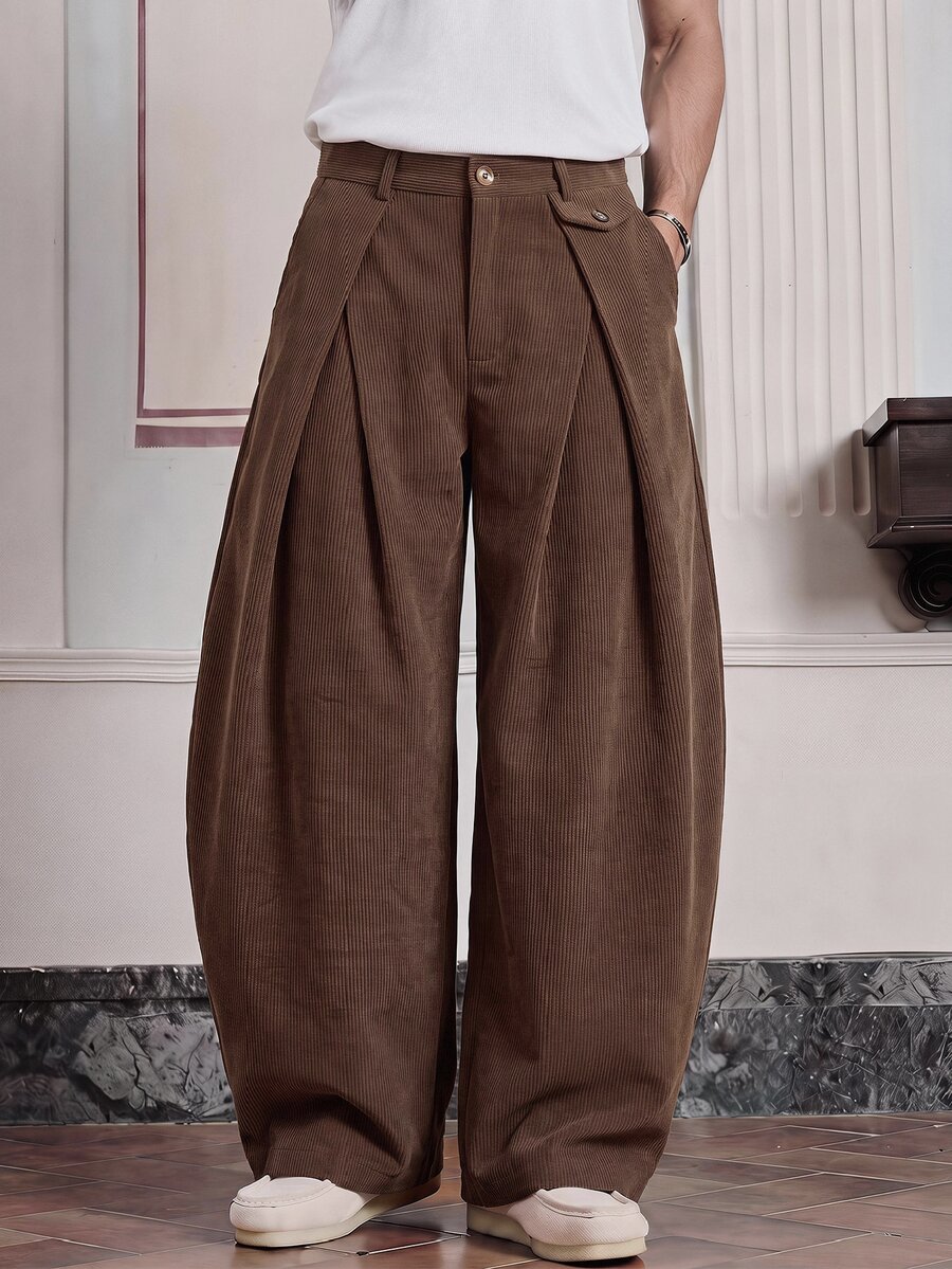 SWAVVY Men's Solid Color Pleated Casual Versatile Daily Travel Long Pants - Brown - View 1