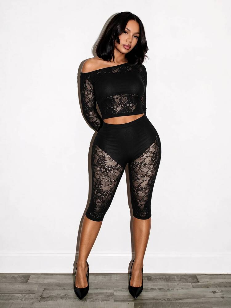 BamGleam Sexy Mesh Asymmetric Neck Top And Leggings Halloween Club Party Black Floral Autumn - Black - View 6