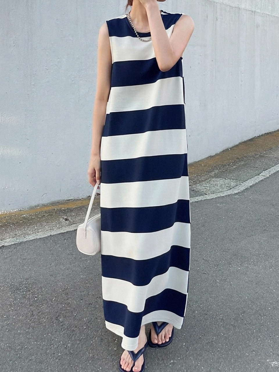 Women's Striped Round Neck Casual Sleeveless Loose Fit Dress Fall