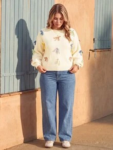 Vivid Eden Sweater Pullover Wanita Ukuran Besar Lengan Panjang Kerah Bulat dengan Hiasan Pita untuk Musim Dingin - Krem - View 5