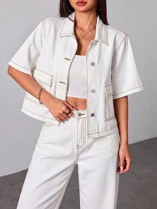 SHEIN PETITE 女款短袖單排扣休閒寬鬆牛仔襯衫 - 白色 - 查看 7