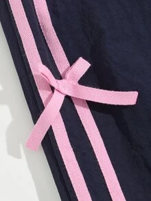 SHEIN 青少年女孩休閒寬鬆側邊貼條條紋寬腿九分褲，秋季 - 藏蓝色 - 查看 6