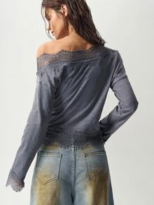 Bohemela Women's Lace Patchwork Asymmetric T-Shirt - Grey - View 7