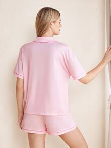 LOONEY TUNES X SHEIN Women's Letter Cartoon Pattern Short Sleeve Top And Shorts Pajama Set - Baby Pink - View 2