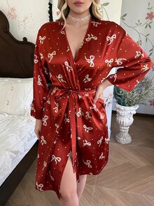 CottageSlumber Bow Print Faux Silk Minimalist Plus Size Robe - Burgundy - View 1