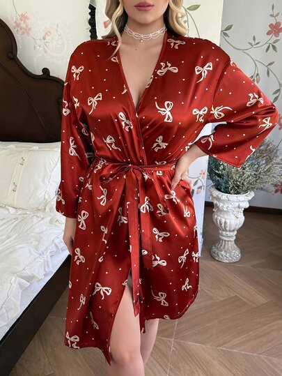 CottageSlumber Bow Print Faux Silk Minimalist Plus Size Robe