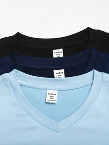 Tween Girls Autumn/Winter Navy Blue, Light Blue, Black V-Neck T-Shirt 3-Piece Set - Multicolor - View 3