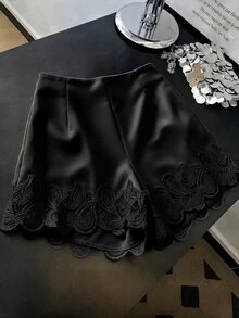 SHEIN Franclia Spring/Summer New Apricot Satin High-Waist Elegant Women's Daily Commute Lace Trim Shorts - Black - View 2
