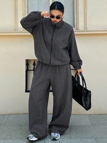 Livesso Autumn/Winter Wool Jacket & Straight Leg Casual Pants Set, Loose Fit Business Casual Fashion Pinstripe 2 Pieces Outfit - Dark Grey - View 1