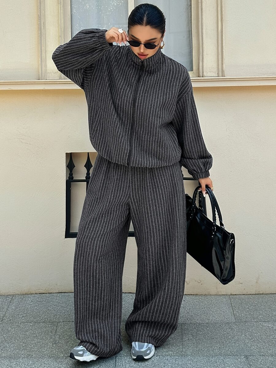 Livesso Autumn/Winter Wool Jacket & Straight Leg Casual Pants Set, Loose Fit Business Casual Fashion Pinstripe 2 Pieces Outfit - Dark Grey - View 1