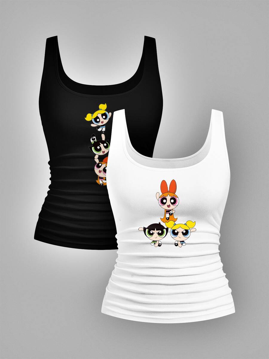 Slaydiva THE POWERPUFF GIRLS X SHEIN 休閒極簡大尺碼背心 2 件組,聯名印花圖案,適合外出、街頭穿搭、機場造型、時尚、返校、Y2K、派對、海灘度假、假期 - 黑與白 - 查看 1
