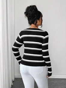 SHEIN Elenzya Plus Size Colorblock Striped Criss-Cross Wrap Sweater - Black - View 2