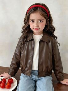 SHEIN Elladie kids 女童寬鬆黑色時尚街頭 PU 皮革長袖輕便夾克 - 棕色 - 查看 1
