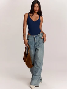 SHEIN BAE Women's Solid Color Casual Tank Top Bodysuit - Navy Blue - View 3