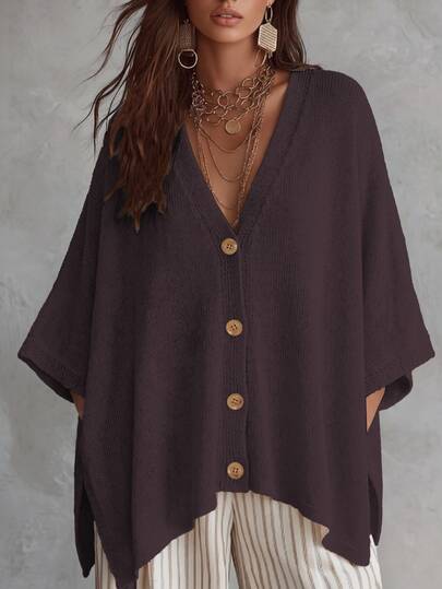 Linhara CURVE Plus Size Women's Solid Color Knit Shawl Cardigan V-Neck Metal Button Suitable For Daily Casual Office Vacation Plus Size Women's Cardigan