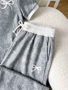 SHEIN 兒童青少年女孩春/夏多功能簡約學院風V領短袖T恤，腰部抓褶修身肩線，休閒 Polo 衫與長褲兩件套，返校穿搭 - 彩色 - 查看 5