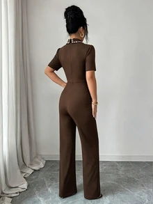 GlowEve Black Pearl Collar Petal Sleeve Jumpsuit, Waist-Cinching Slimming Elegant Commuter High-End Jumpsuit, Casual Minimalist Jumpsuit - Brown - View 2