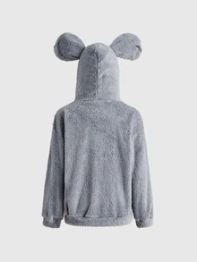 ROMWE Jaket Wanita Regular Motif Tikus Lucu Dua Sisi Bahan Bulu Domba Gaya Punk Jalanan Unik - Dark Grey - View 2
