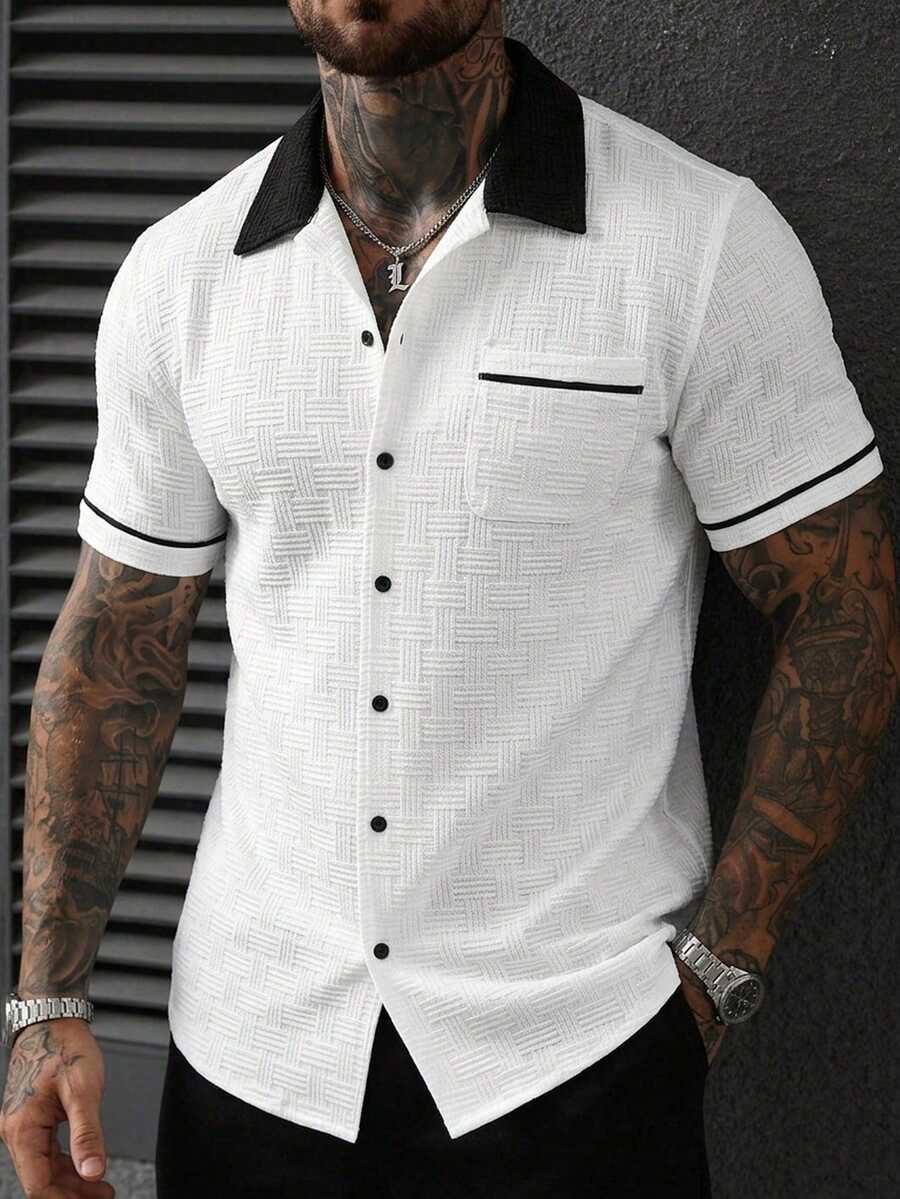 Manfinity Homme Men's Plus Size Summer Casual Colorblock Short Sleeve Shirt - White - View 1