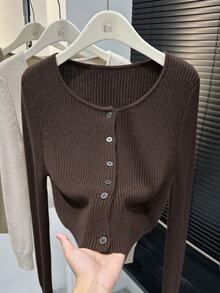Muvela Cardigan Rajut Wanita Lengan Panjang Warna Polos Kancing Tunggal Kasual Minimalis Dasar Cokelat Tua Musim Gugur - Coffee Brown - View 1