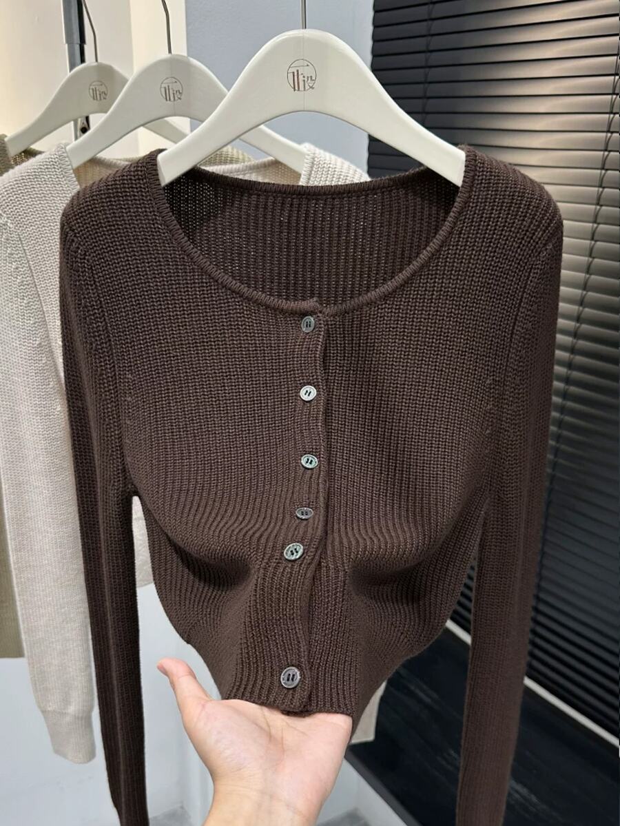 Muvela Cardigan Rajut Wanita Lengan Panjang Warna Polos Kancing Tunggal Kasual Minimalis Dasar Cokelat Tua Musim Gugur - Coffee Brown - View 1