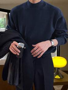 Marcello Vane 男士休閒純色立領毛衣，秋冬款 - 寶藍色 - 查看 1
