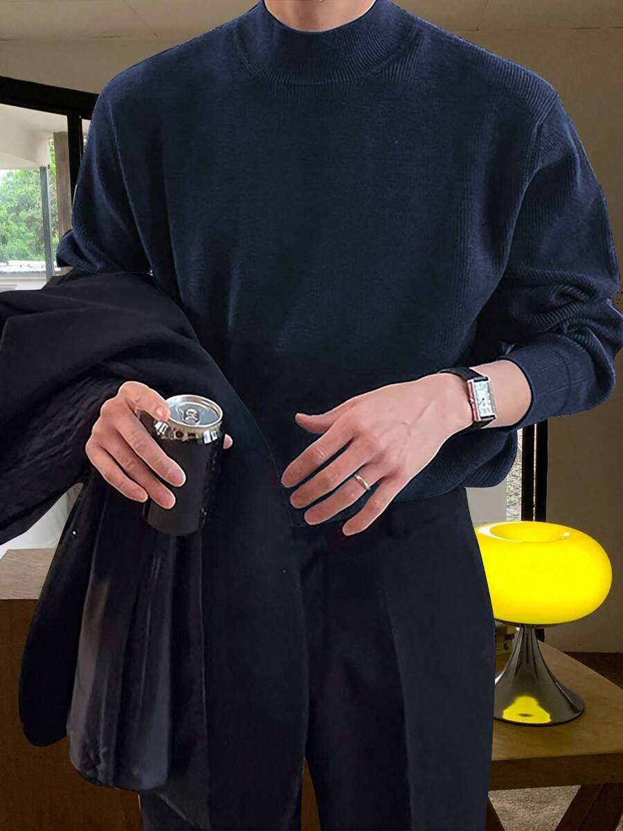 Marcello Vane 男士休閒純色立領毛衣,秋冬款 - 寶藍色 - 查看 1