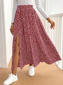 SHEIN Frenchy 女款碎花荷葉邊開衩中長裙 - 鏽棕色 - 查看 5