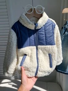 SHEIN 男嬰秋冬拼接色保暖內裡加厚立領長袖夾克 嬰兒外套 抓絨夾克 - 彩色 - 查看 6