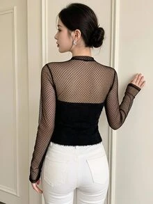 DAZY 春秋夏季波點透視網紗拼接女款長袖性感上衣，適合派對與婚禮穿著 - 黑色 - 查看 8