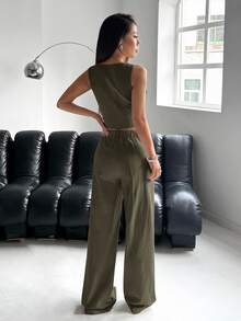 SHEIN EZwear 女款單扣背心與長褲套裝，純色，秋冬款 - 軍綠色 - 查看 2