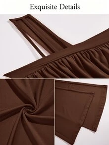 Brilight Asymmetric Neck Ruched Jumpsuit, Bodycon Flare Long Pants Outfit For Cocktail Party & Vacatio - Chocolate Brown - View 7