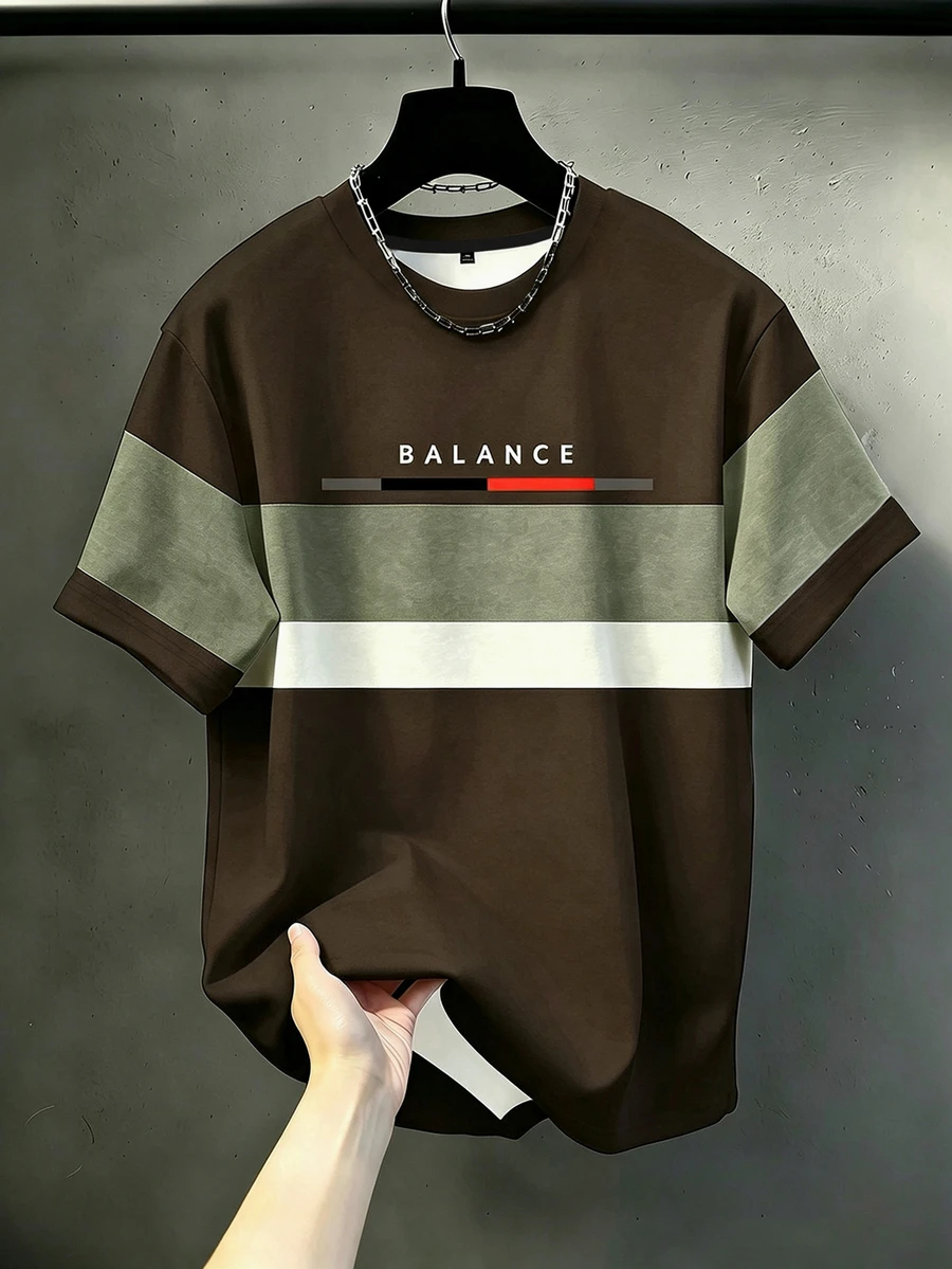 Manfinity Homme Letter Print Top, Gothic Style Men's Fashionable Round Neck Brown T-Shirt, Men's Top - Brown - View 1